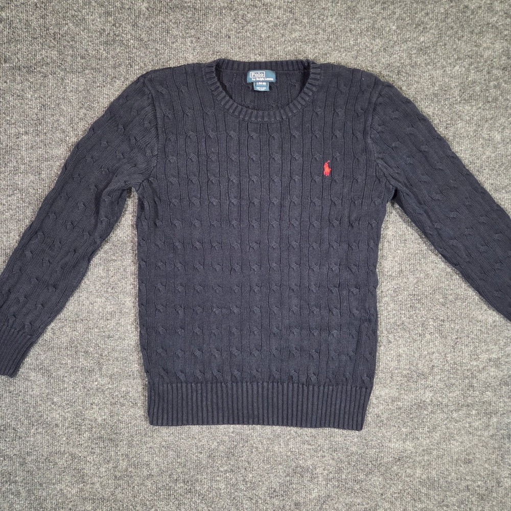 Polo Ralph Lauren Cable Knit Sweater Womens Large Navy Blue Red Pony Crew Neck